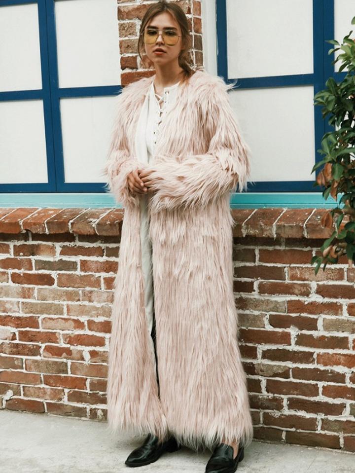 Choies Pink Open Front Faux Fur Longline Coat