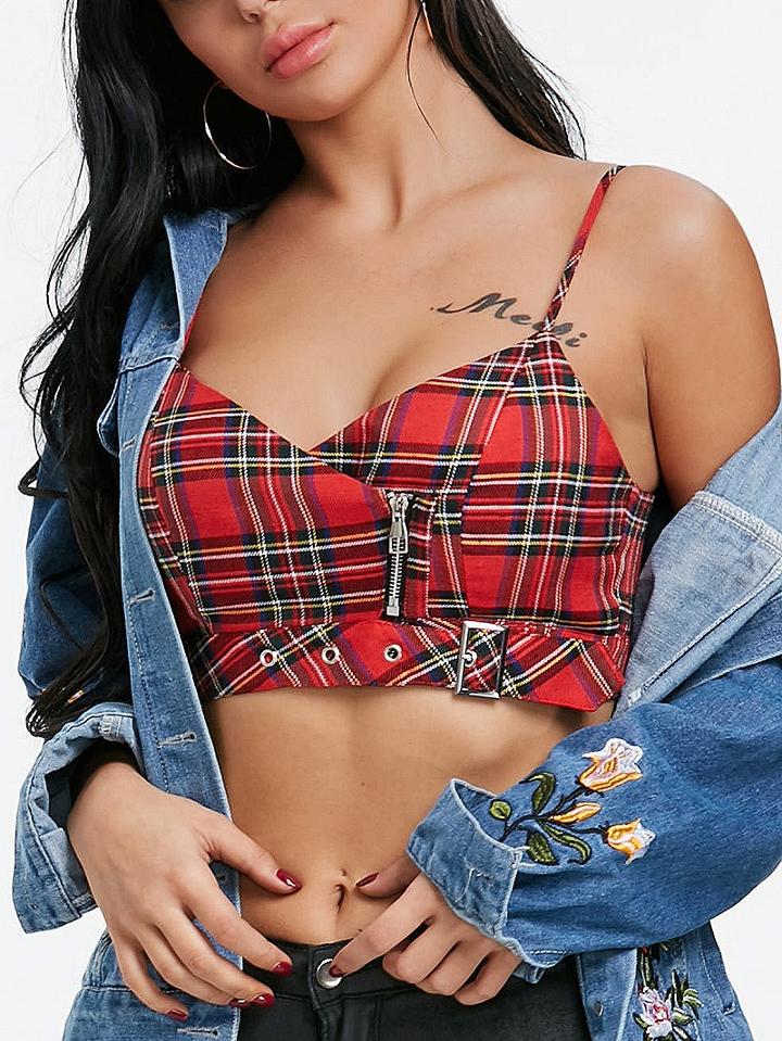 Choies Red Plaid V-neck Zip Detail Buckle Strap Waist Crop Cami Top
