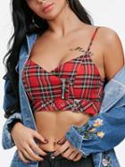 Choies Red Plaid V-neck Zip Detail Buckle Strap Waist Crop Cami Top
