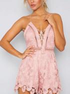 Choies Pink Plunge Lace Up Cross Back Cami Romper Playsuit