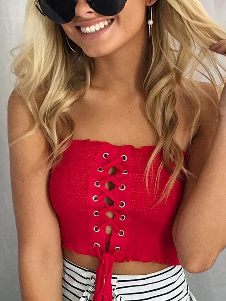Choies Red Off Sholder Lace Up Detail Crop Top
