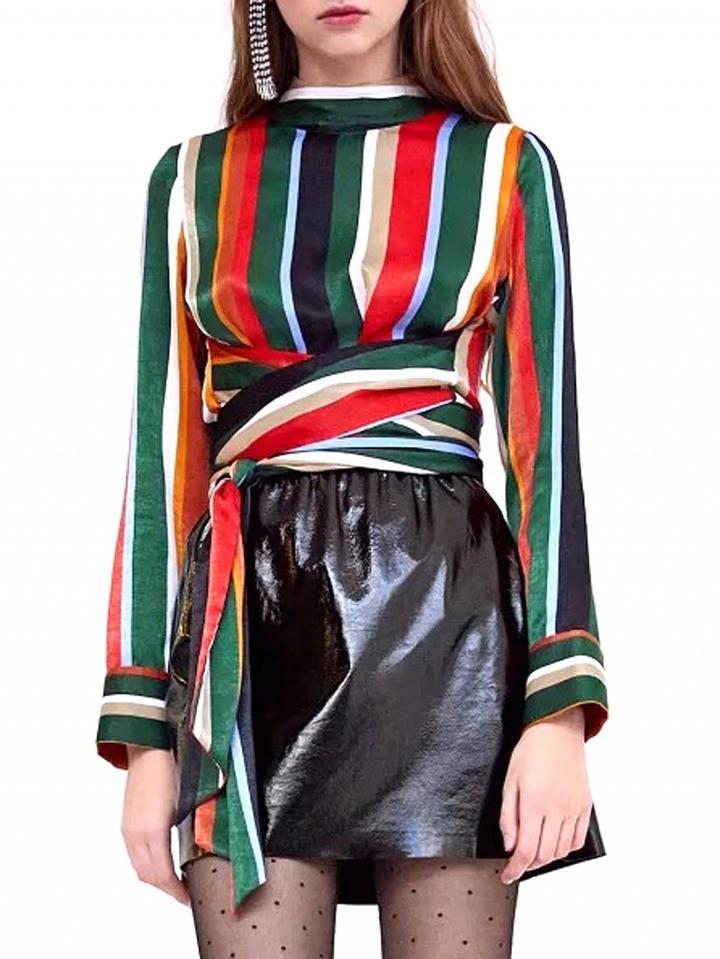 Choies Polychrome Stripe Tie Waist Long Sleeve Blouse