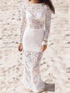 Choies White Tie Back Backless Long Sleeve Lace Maxi Dress