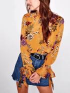 Choies Yellow Lace Up Front Floral Flared Sleeve Blouse