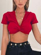Choies Red V-neck Ruched Knot Front Crop Top