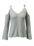 Choies Gray V Neck Tie Cold Shoulder Scallop Hem Knit Sweater