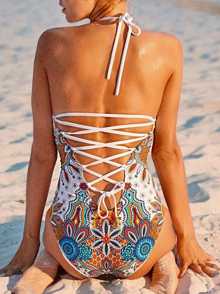 Choies Polychrome Halter Print Detail Lace Up Back Swimsuit