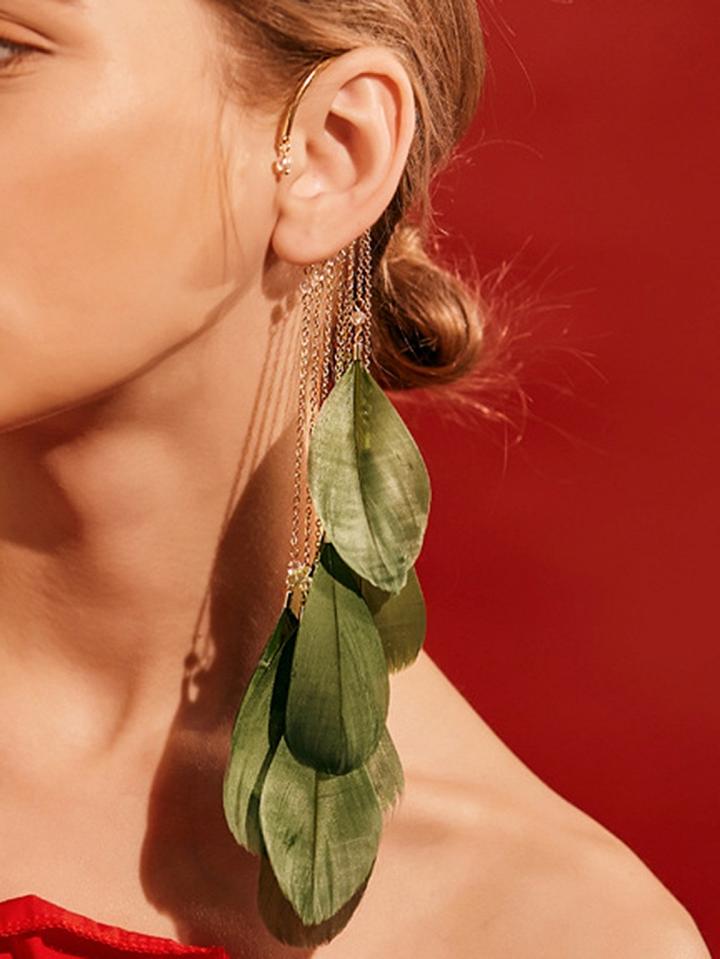 Choies Dark Green Alloy Tassel Feather Chic Women Earrings