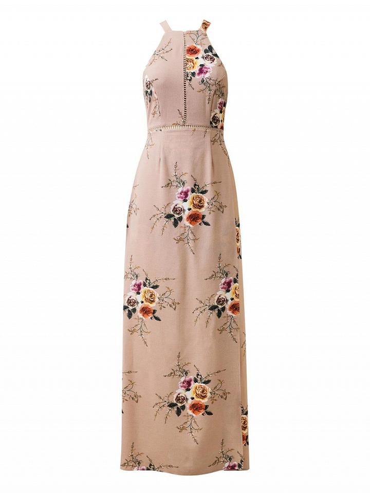 Choies Beige Pink Floral Print Open Back Split Maxi Dress