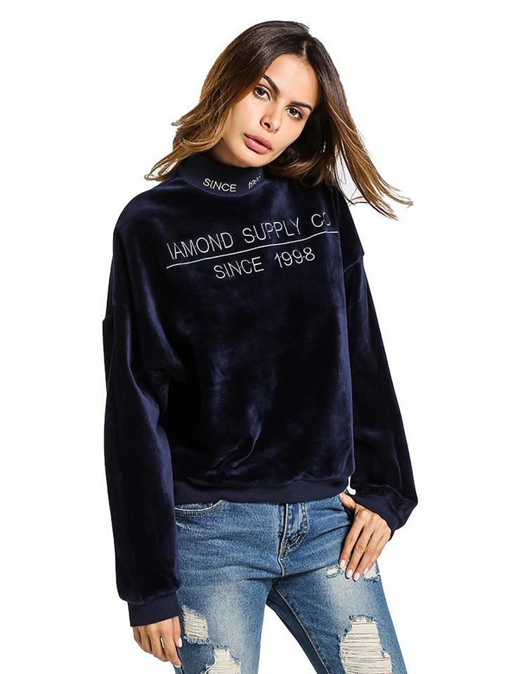Choies Navy Blue Velvet High Neck Embroidery Letter Sweatshirt