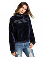 Choies Navy Blue Velvet High Neck Embroidery Letter Sweatshirt