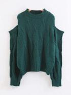 Choies Green Cold Shoulder Cable Long Sleeve Chunky Knit Sweater