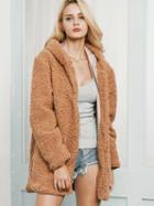 Choies Camel Faux Shearling Hooded Coat