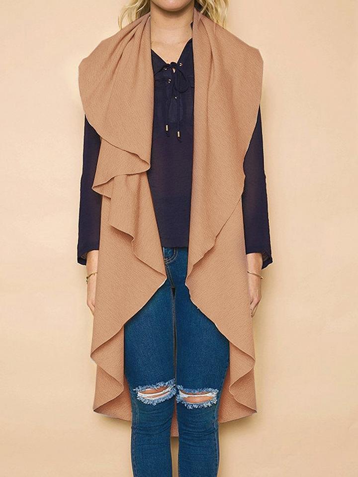 Choies Khaki Wide Lapel Longline Sleeveless Jacket