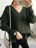 Choies Dark Green V-neck Lace Up Sleeve Knit Sweater