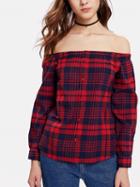 Choies Red Plaid Off Shoulder Long Sleeve Blouse