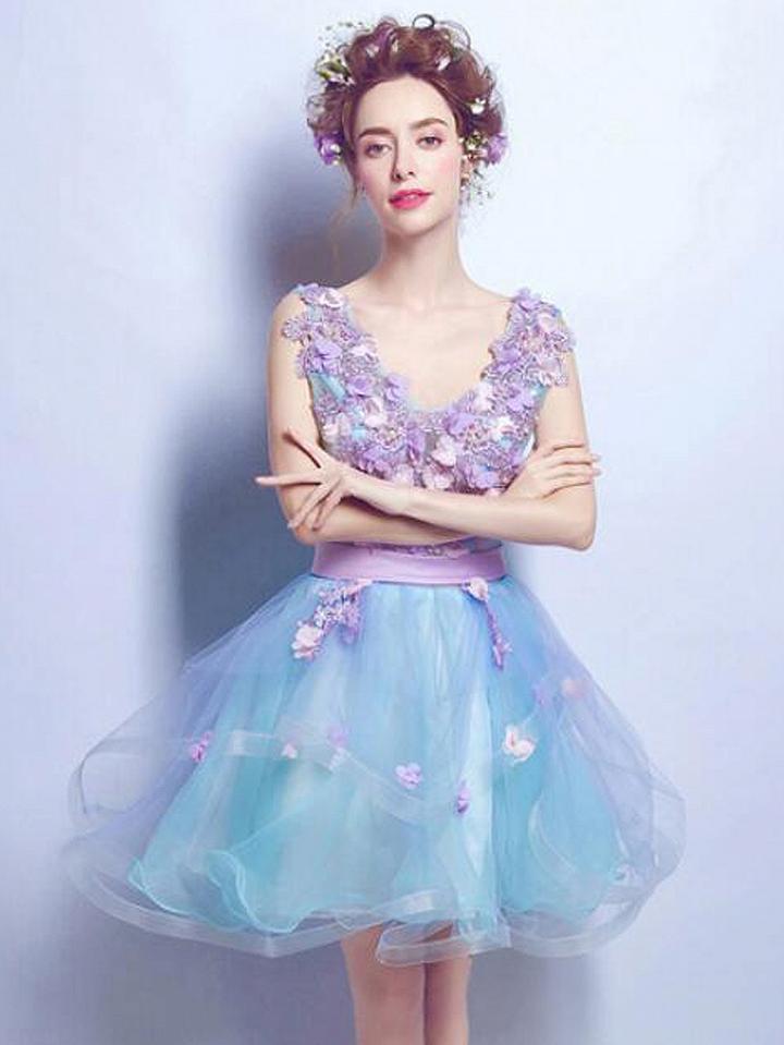 Choies Blue V-neck 3d Flower Lace Up Back Organza Mini Homecoming Dress