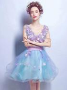 Choies Blue V-neck 3d Flower Lace Up Back Organza Mini Homecoming Dress