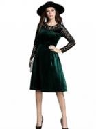 Choies Dark Green Lace Insert Velvet Midi Dress
