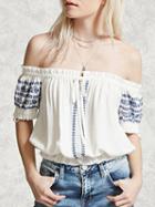 Choies White Off Shoulder Shirred Panel Tie Front Embroidery Detail Blouse