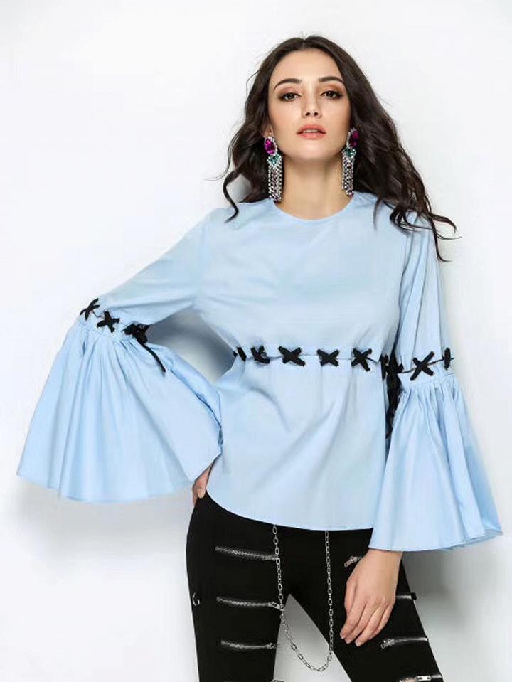 Choies Blue Lace Up Cut Out Detail Falre Sleeve Blouse