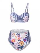 Choies Multicolor Bandeau Stripe And Floral Padded Bikini Top And Bottom