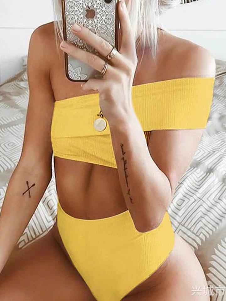 Choies Yellow One Shoulder Women Bikini Top And High Waist Bottom
