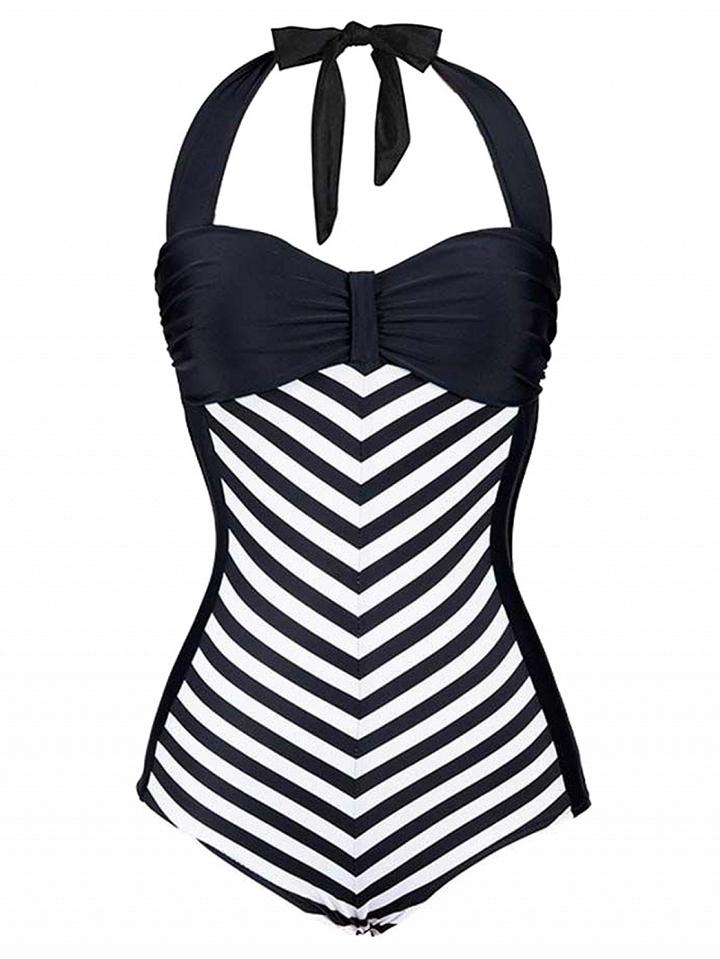 Choies Monochrome Stripe Halter Ruched Ruched One-piece Swimsuit