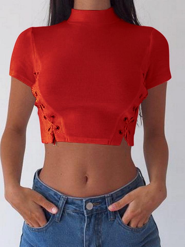Choies Red High Neck Lace Up Side Short Sleeve Cropped T-shirt