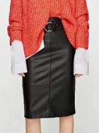 Choies Black Leather Look High Waist Circle Belt Pencil Skirt