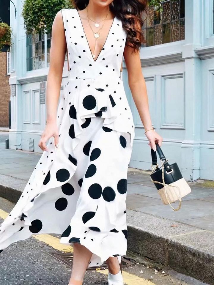 Choies White Plunge Polka Dot Print Sleeveless Chic Women Maxi Dress