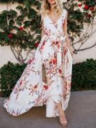 Choies White Plunge Floral Print Tie Waist Thigh Split Chic Women Maxi Dress