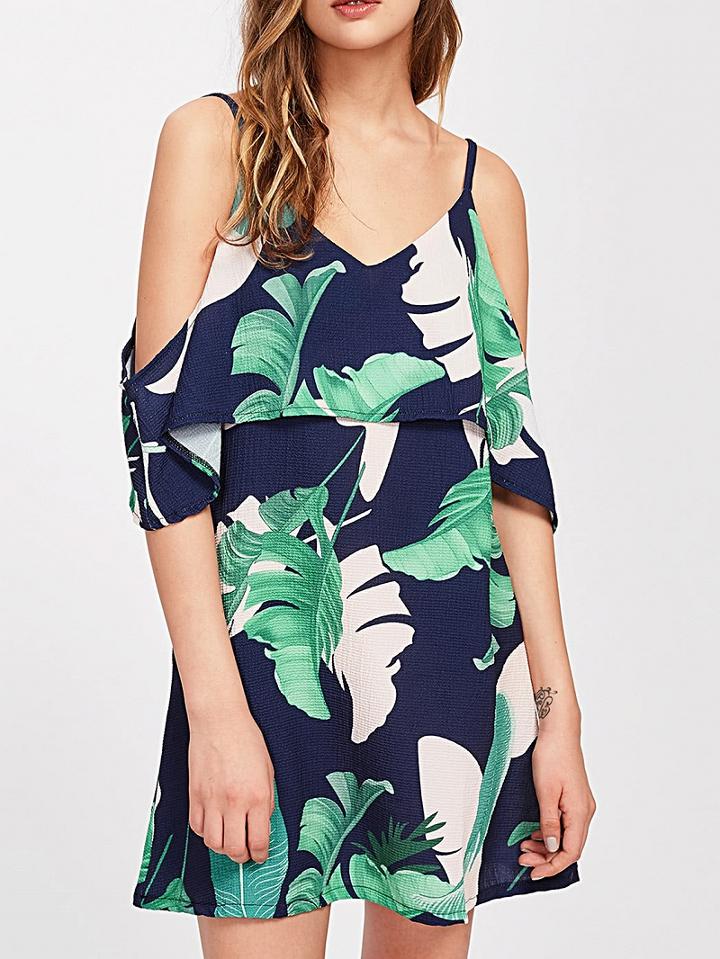 Choies Green Spaghetti Strap V-neck Leaf Print Mini Dress