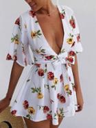 Choies White Plunge Floral Print Tie Waist Flare Sleeve Romper Playsuit