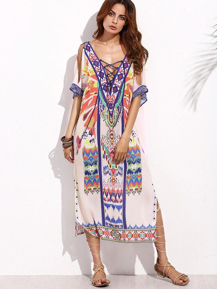 Choies Polychrome Folk Tribal Print Lace Up Front Side Split Dress