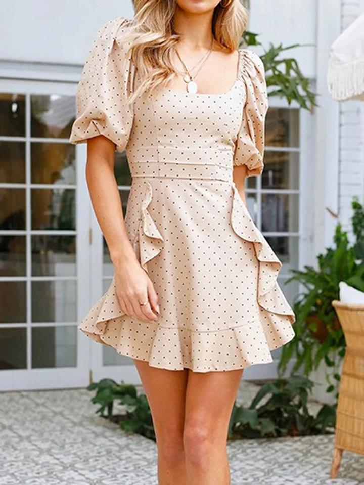 Choies Beige Polka Dot Print Ruffle Trim Puff Sleeve Chic Women Mini Dress