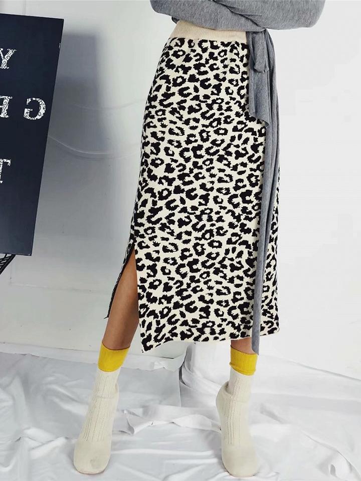 Choies Beige High Waist Leopard Print Women Knit Midi Skirt