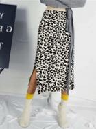 Choies Beige High Waist Leopard Print Women Knit Midi Skirt
