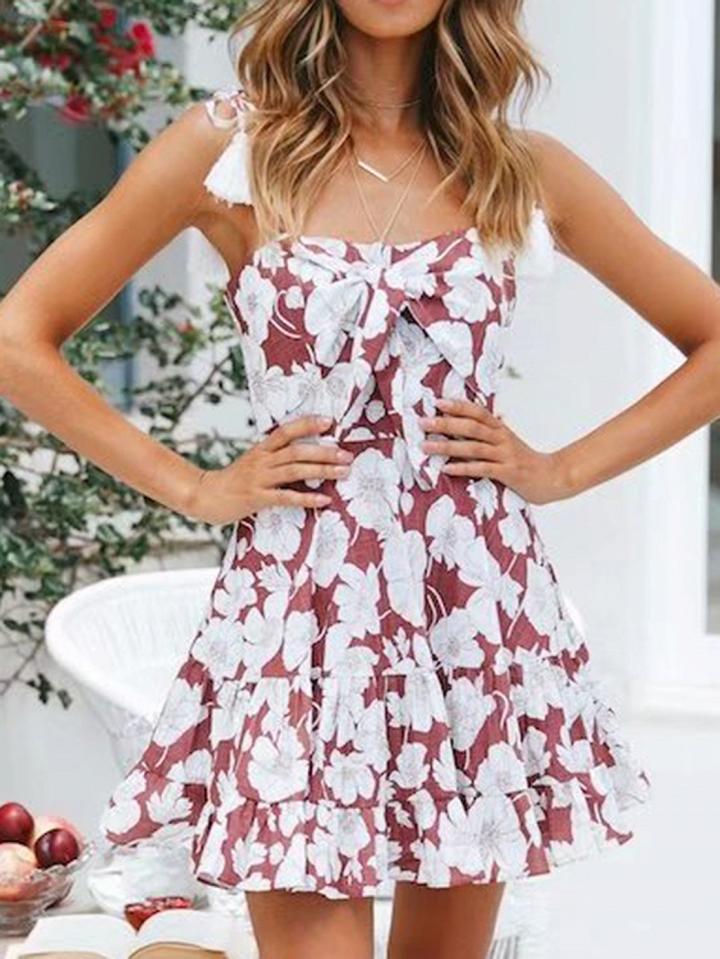 Choies Red Spaghetti Strap Floral Print Tie Front Mini Dress