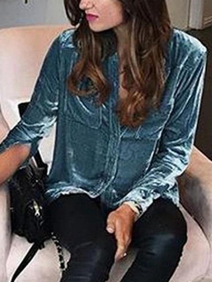 Choies Blue Velvet Zip Front Long Sleeve Shirt