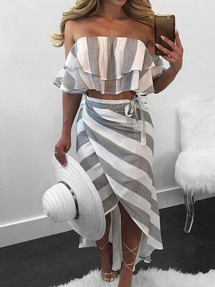 Choies Gray Stripe Off Shoulder Top And High Waist Asymmetric Hem Skirt