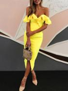 Choies Yellow Off Shoulder Split Detail Ruffle Trim Bodycon Midi Dress