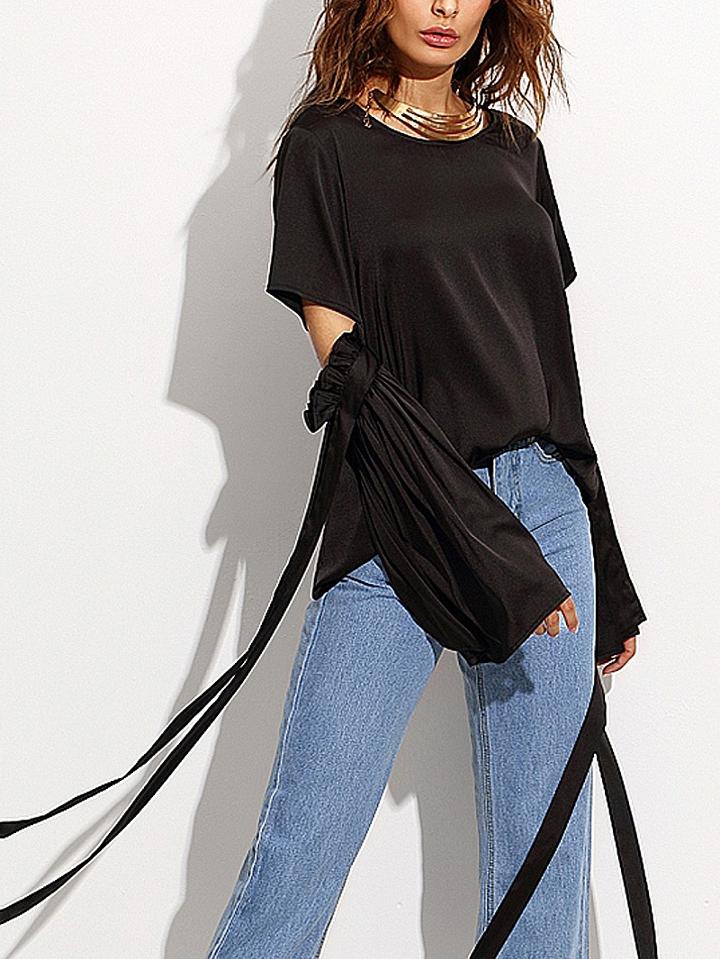 Choies Black Cut Out Ribbon Tie Flare Sleeve Blouse Top