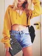 Choies Yellow Cut Out Front Long Sleeve Crop Hoodie
