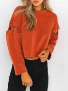 Choies Orange Crew Neck Eyelet Lace Up Side Long Sleeve Crop Sweatshirt