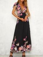 Choies Black Plunge Print Detail Thigh Split Maxi Dress