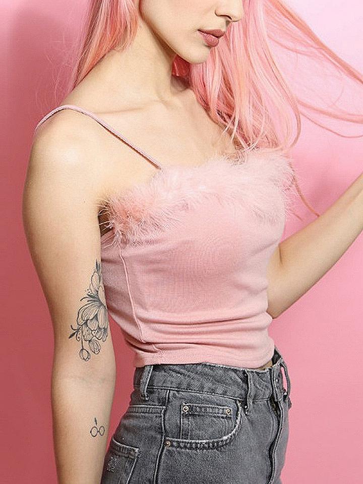 Choies Pink Spaghetti Strap Fluffy Trim Tank