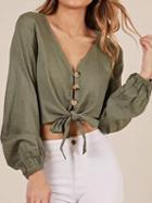 Choies Army Green V-neck Tie Front Puff Sleeve Chic Women Crop Blouse