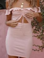 Choies Pink Ribbed Off Shoulder Ruffle Trim Chic Women Bodycon Mini Dress