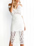 Choies White V-neck Cold Shoulder Lace Midi Dress